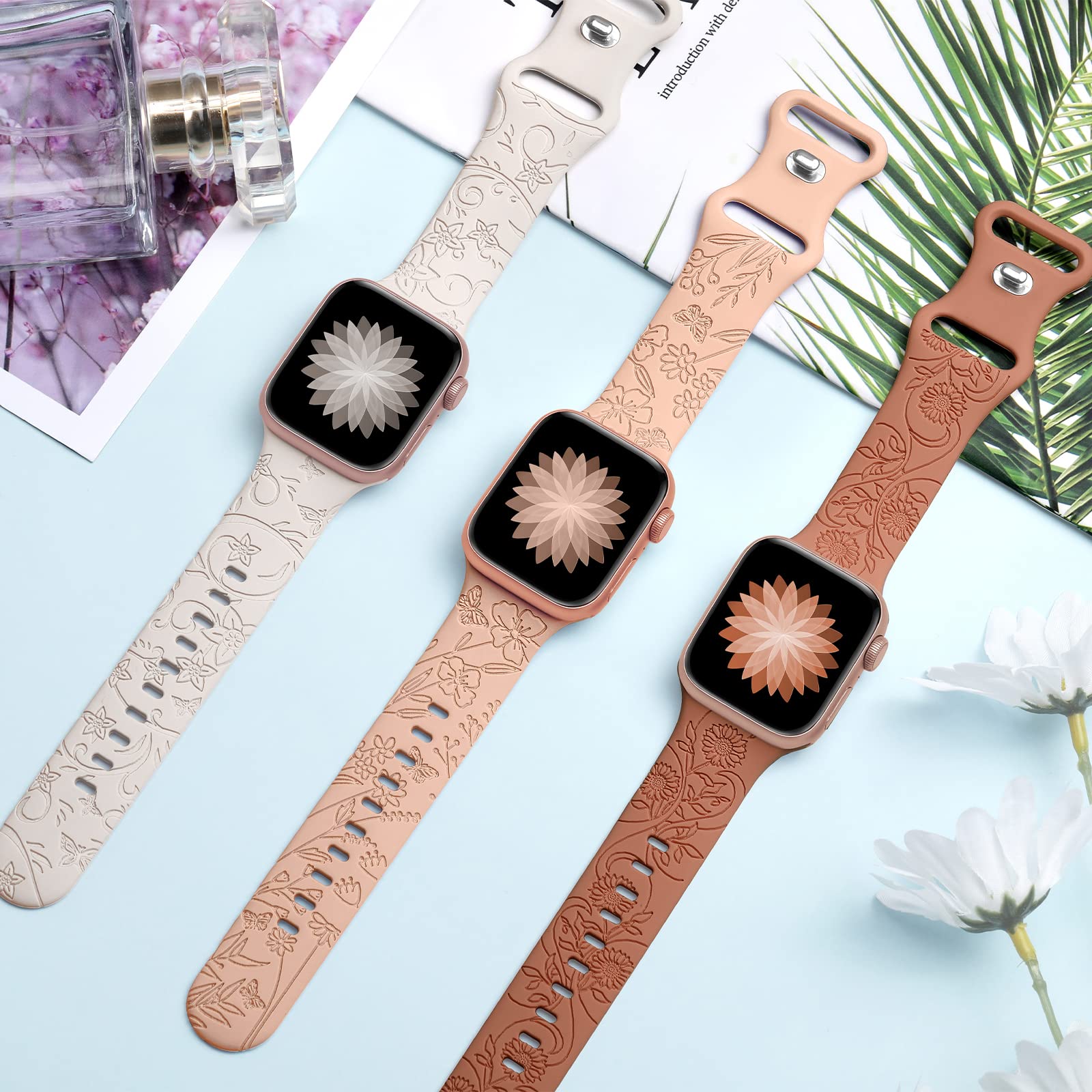 Floral Engraved Strap For Apple Watch Band 40mm 44mm 41mm 49mm 45mm 38mm 42mm silicone bracelet iwatch series 9 7 se 6 8 ultra 2. 