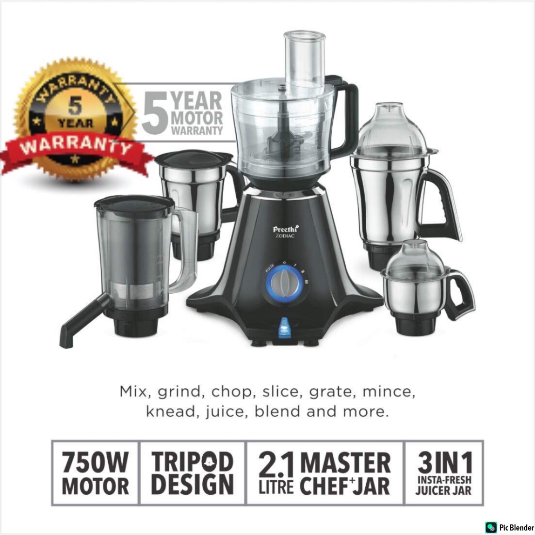 Preethi Zodiac Mixer Grinder with 5 Jars - MG 218