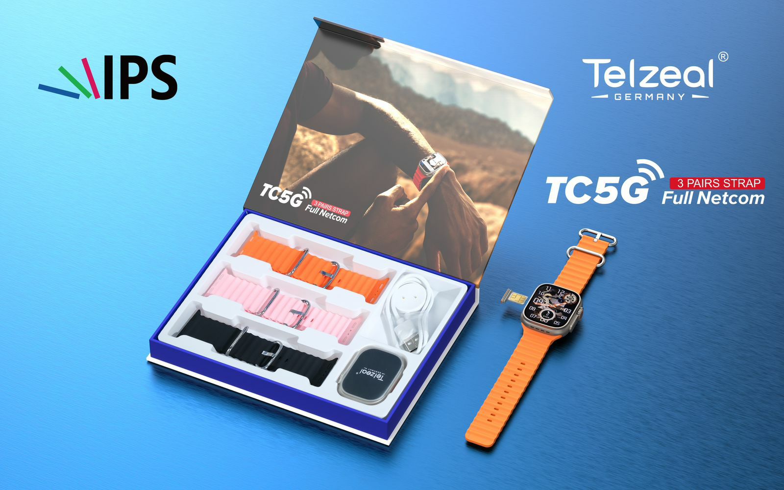 Telzeal TC5G Sim Android Smart Watch with 3 Straps. 