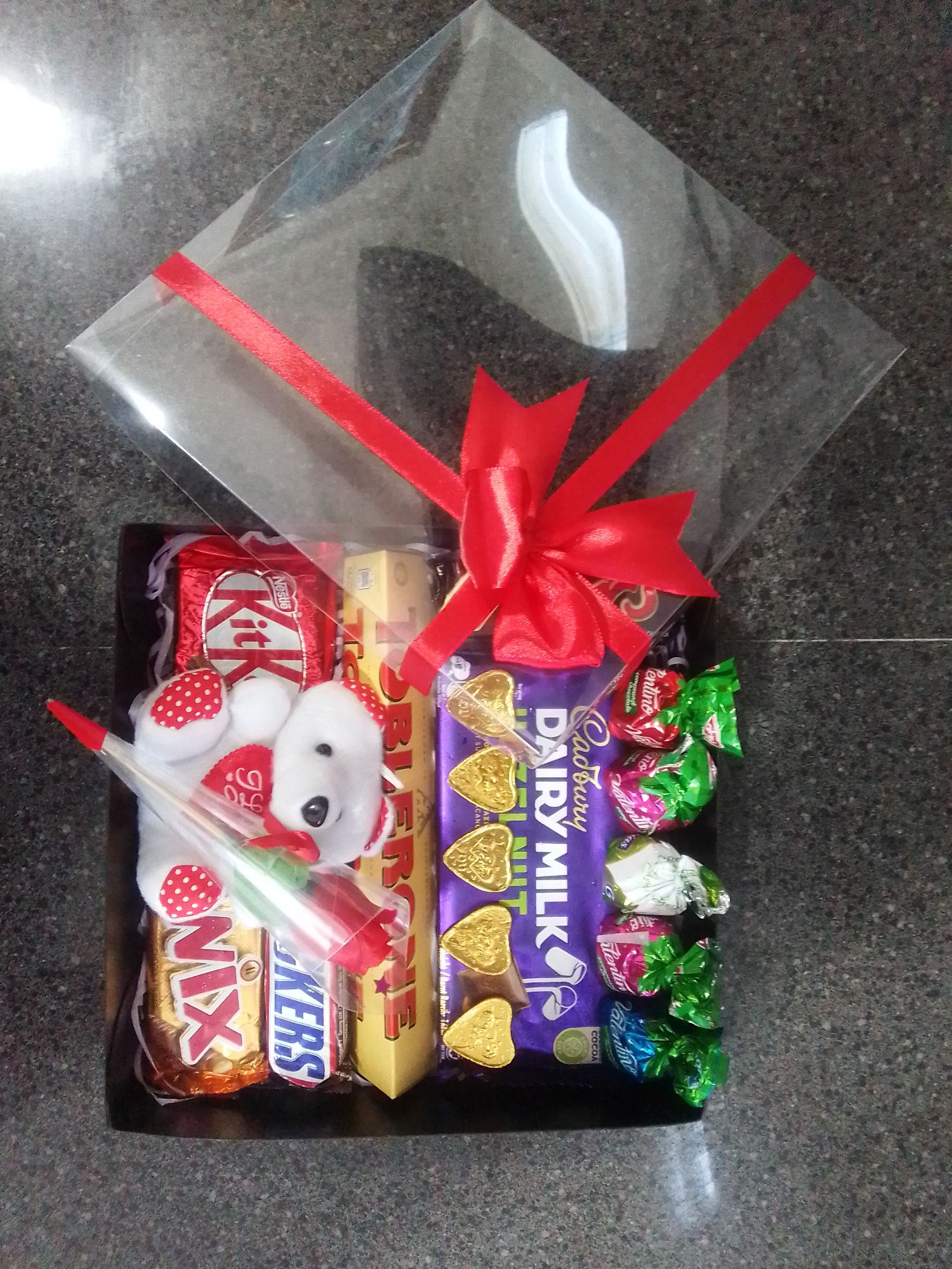 Chocolate Uncommon Gift Box with Mini Teddy Bear & Rose, High QualityChocolates. 