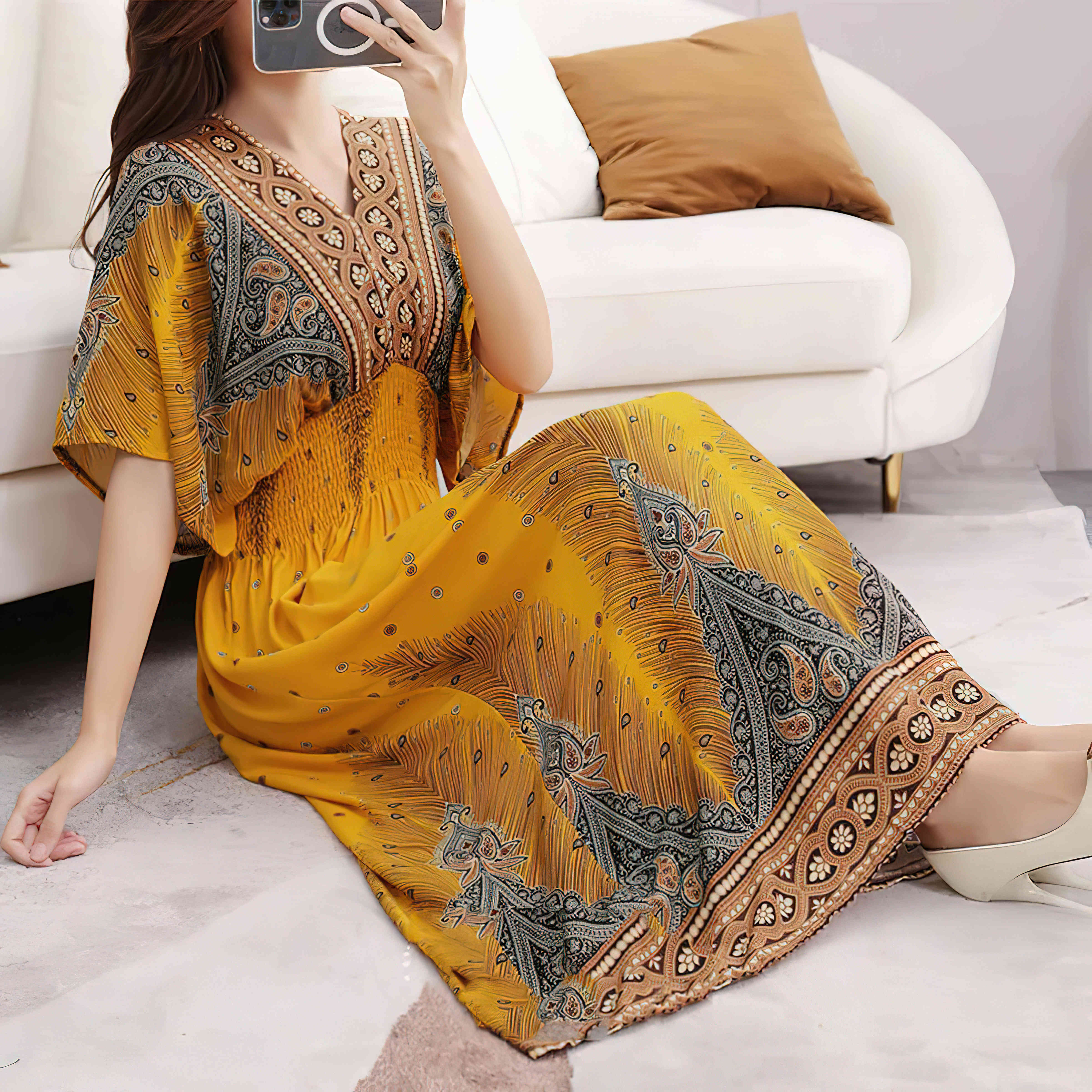 2025 Summer New Casual Elegant Retro Bohemian Style V-neck Elastic Waist Large Swing Printed Long Skirt Autumn Summer Dress. 