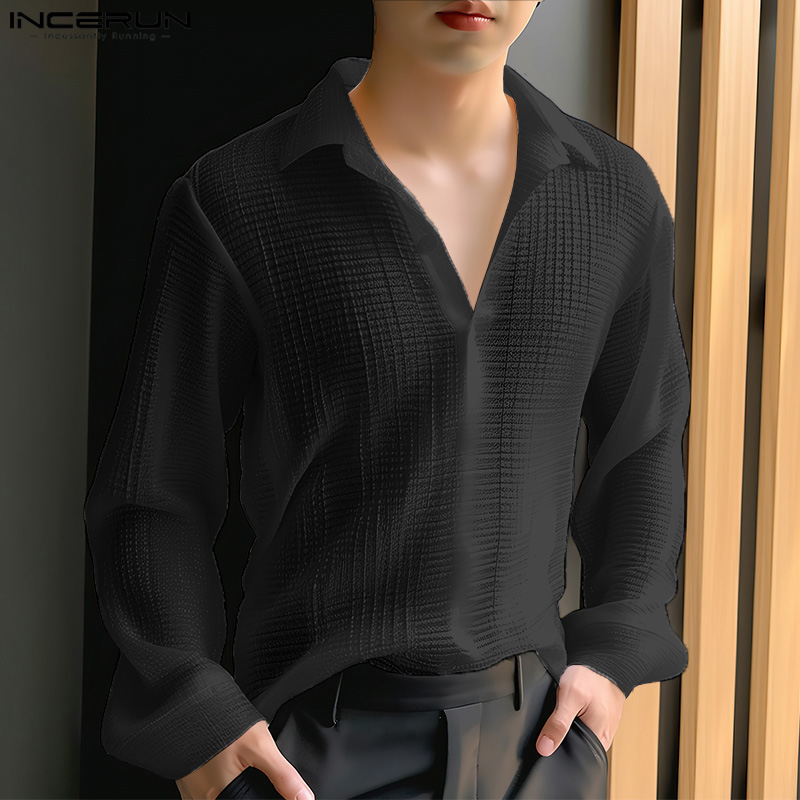 INCERUN Tops 2024 Korean Style New Men V-neck Texture Lapel Collar Shirts Fashionable Male Solid Color Long Sleeved Blouse S-5XL. 