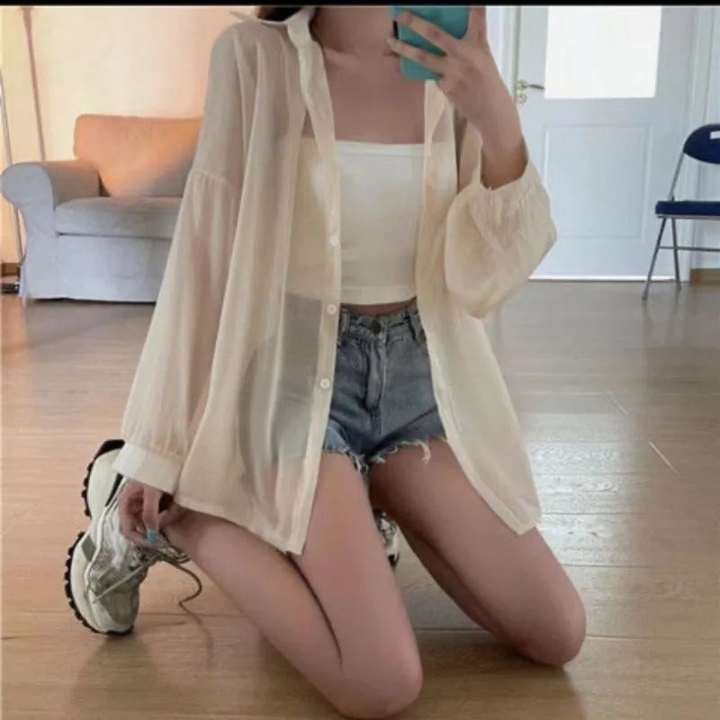 Summer Women Thin Shirts Loose Chiffon Long Sleeve Sun Protection Shirt Solid Korean Beach Holiday Ladies Tops. 
