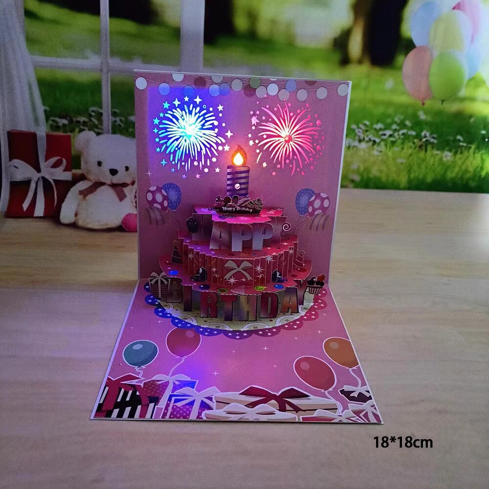 1pcHappy Birthday Card Fireworks 3D Pop Up Cake Light and Music Happy ...