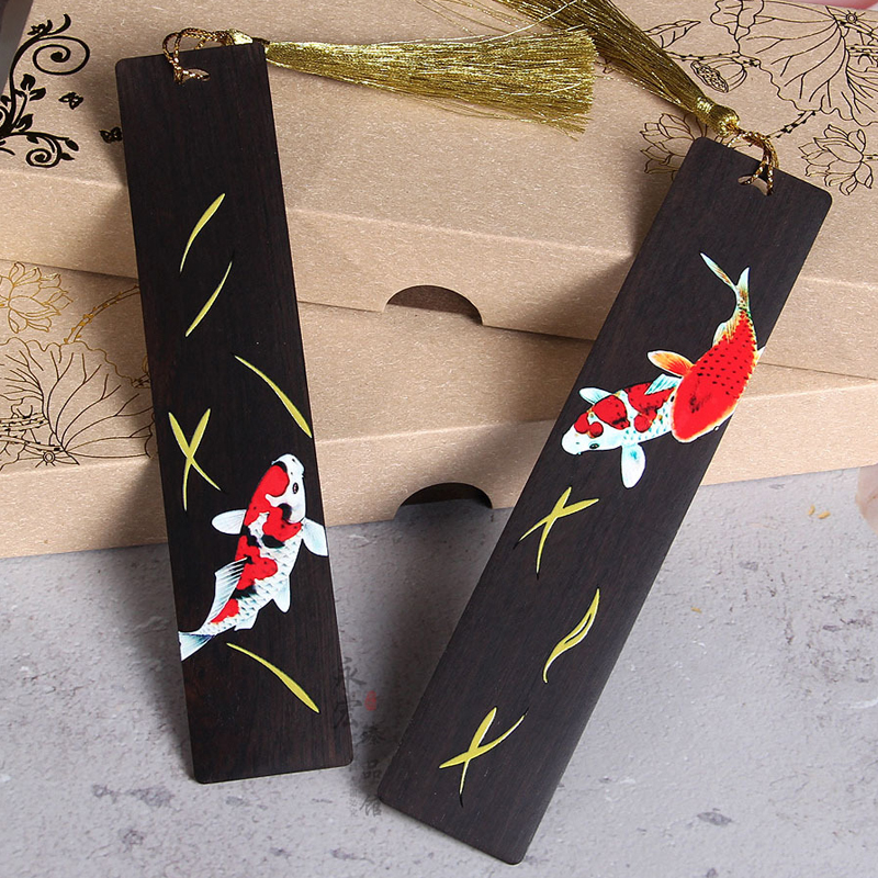 Chinese Style Retro Painted Koi Carp Wooden Bookmark Tassel Pendant Creative Book Mark Students Supplies Stationery Accessories. 
