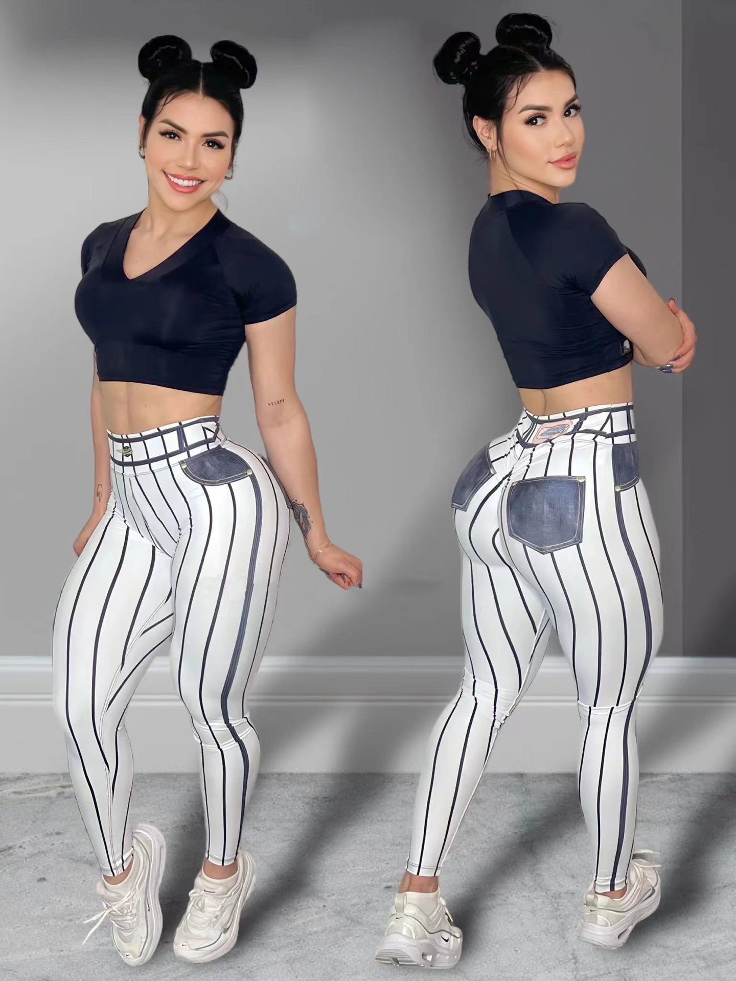 Women High Waist Sports Leggings Stripe Print Stretchable Yoga Pants Sexy Tight Fitness Workout  Gym Push Up Causal Pant. 