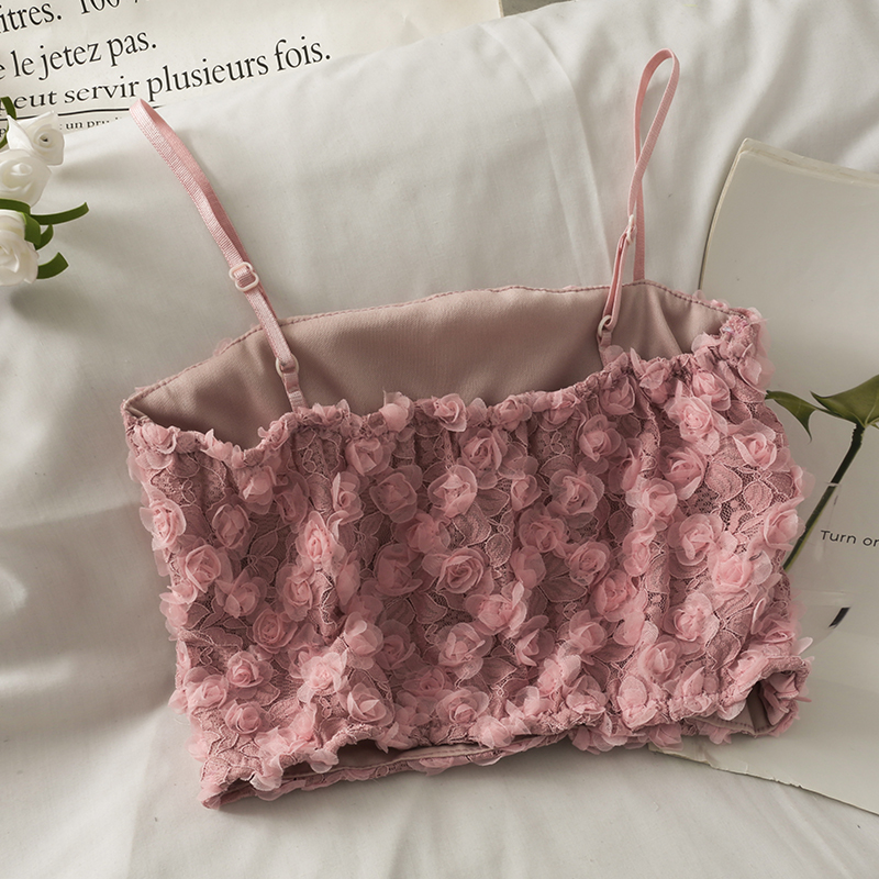 Women Summer New Rose Lace Tank Top Sexy Off Shoulder Crop Tops With Bra Pad Backless Sweet Outer Wear Underwear Solid Tube Tops. 