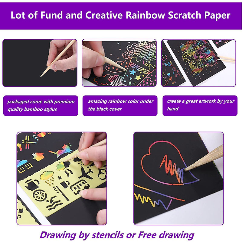 Scratch Paper Art Set Rainbow Card Scratch Black Scratch It Off Paper Crafts Notes with Wooden Stylus Stencils for Kid DIY Gift. 