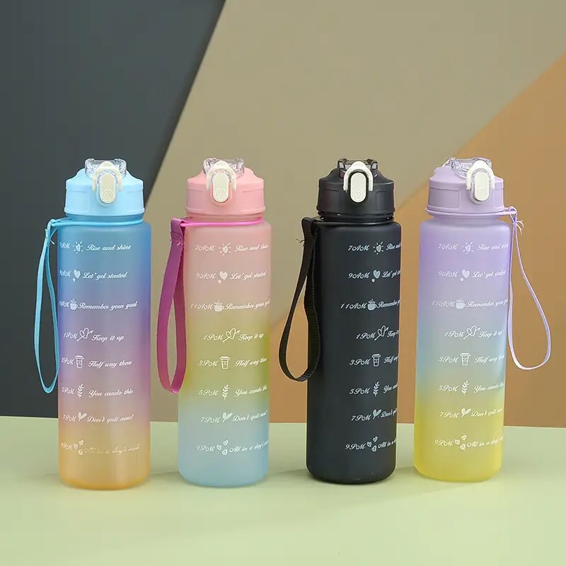 3Pcs/Set Large Capacity Water Bottle Set,Portable Plastic Frosted Gradient Color Water Bottle With Time Marker And Hanging Rope. 