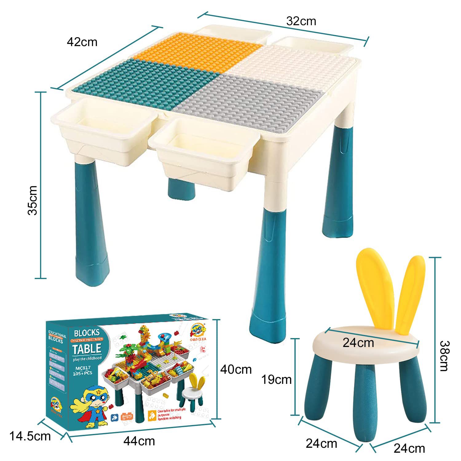 Building Block Table | Kids Activity Table | No MC 816 | Kids Table Chair Set | 4 Storage Box Adjustable Legs | 85+ Pcs Building Block | Compatible Bricks Toy | Dining Play Learning, Water Sand Table | Changeable Building Block Table. 