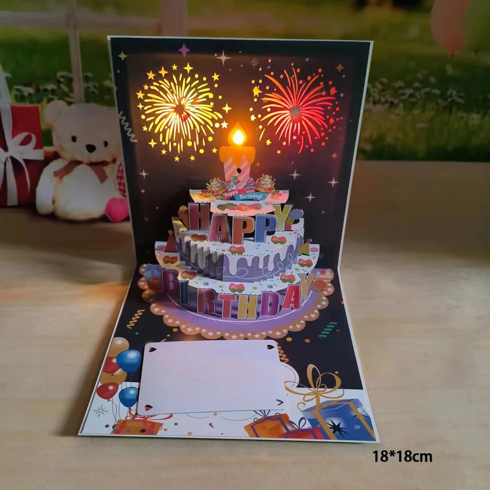1pcHappy Birthday Card Fireworks 3D Pop Up Cake Light and Music Happy ...
