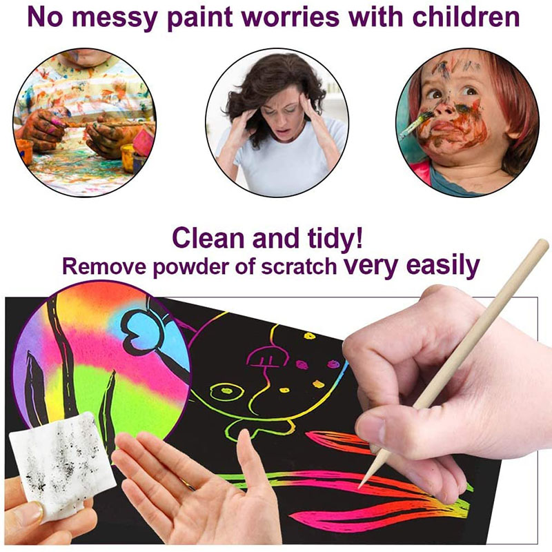 Scratch Paper Art Set Rainbow Card Scratch Black Scratch It Off Paper Crafts Notes with Wooden Stylus Stencils for Kid DIY Gift. 