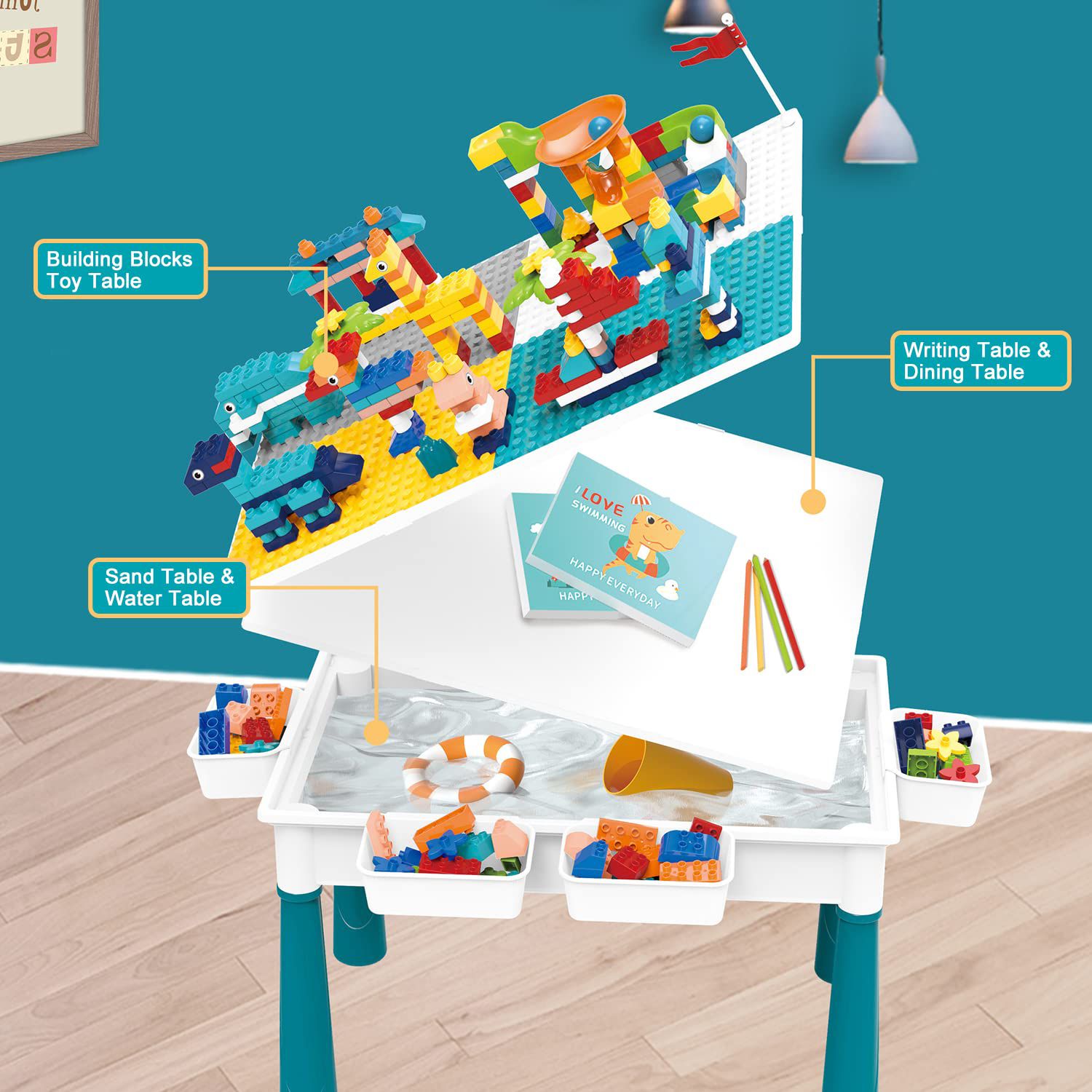 Building Block Table | Kids Activity Table | No MC 816 | Kids Table Chair Set | 4 Storage Box Adjustable Legs | 85+ Pcs Building Block | Compatible Bricks Toy | Dining Play Learning, Water Sand Table | Changeable Building Block Table. 