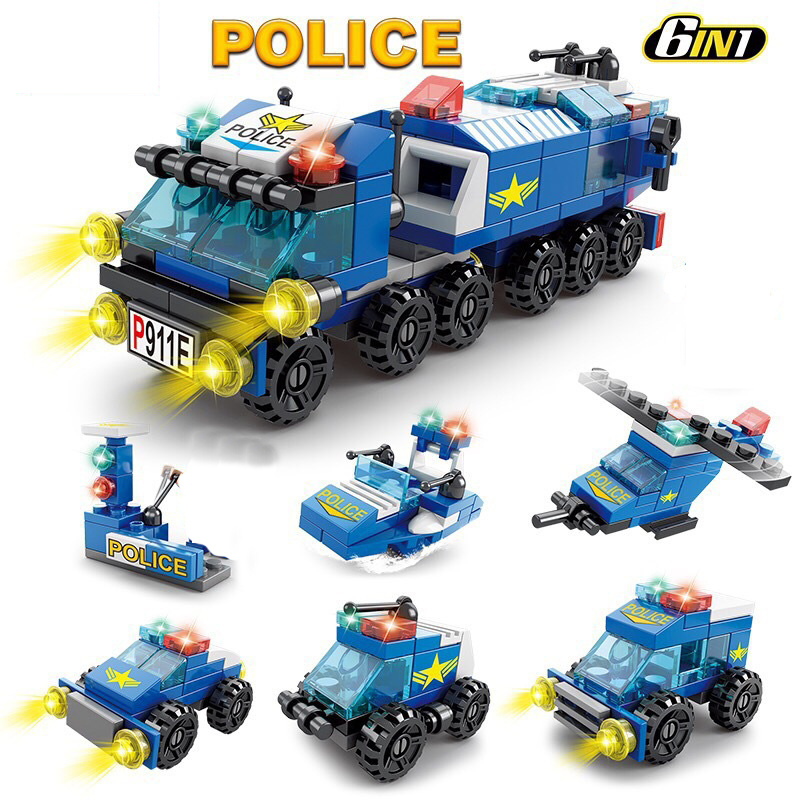Mini size 6 In 1 Building Blocks DIY Police Car Fire Truck Castle Model ...