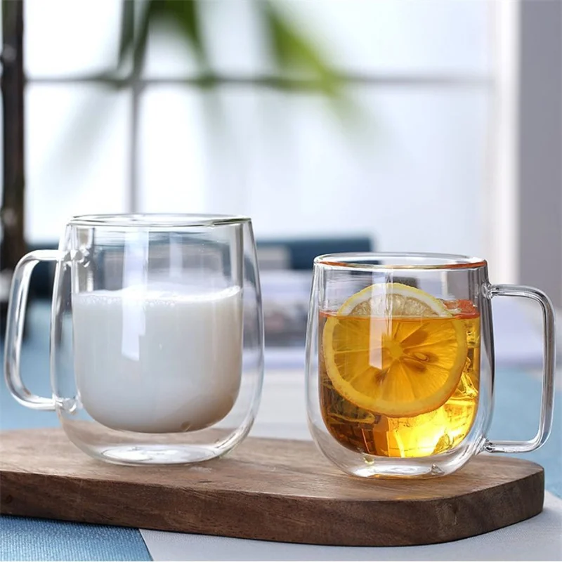 150-350ml Heat Resistant High Borosilicate Glass Mug Double Wall Glass Coffee Cup with Handle Milk Water Cup Clear Cups Gift. 
