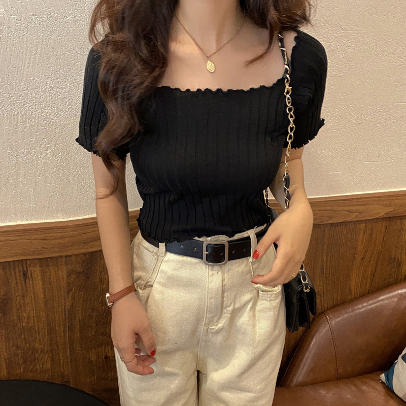 Baby Tee Short Sleeve Ribbed Knit Crop Top for Women Teengirl Square Neck Fitted Knitwear 90s Y2K Aesthetic Spring Summer Outfit. 