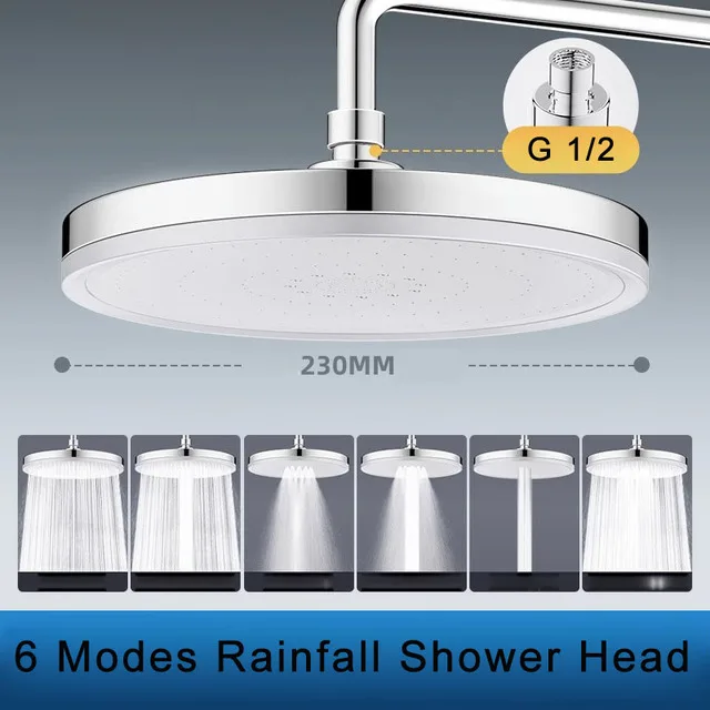 New 6 Modes Large Flow Supercharge Rainfall Shower Head 230mm Round ...