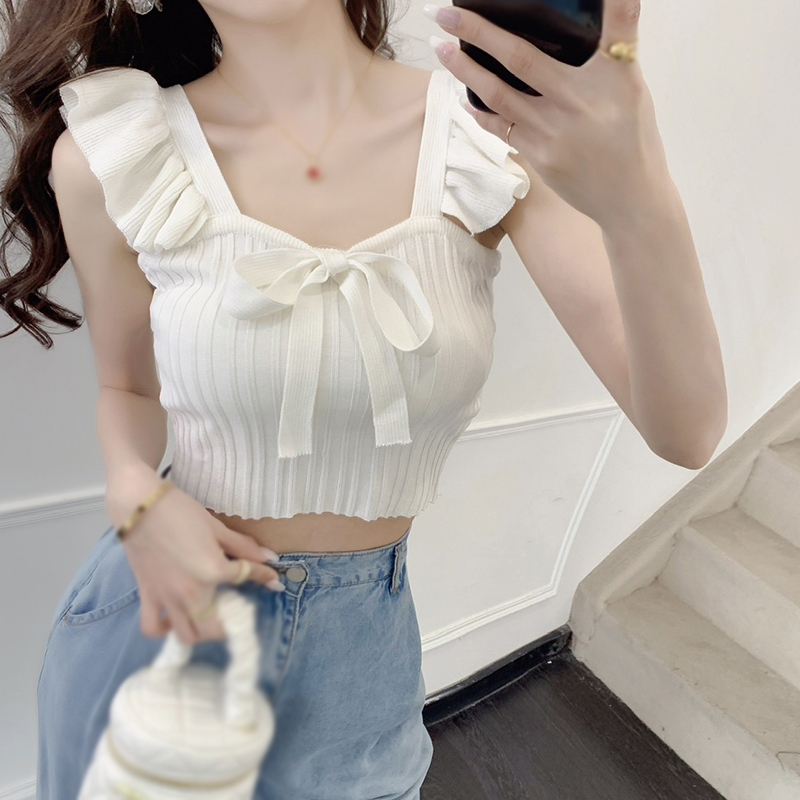 Korean Version Square Neck Bow Tie Slim Fitting Vest With Fashionable Exposed Navel And Sweet Versatile Knitted Sleeveless Vest. 