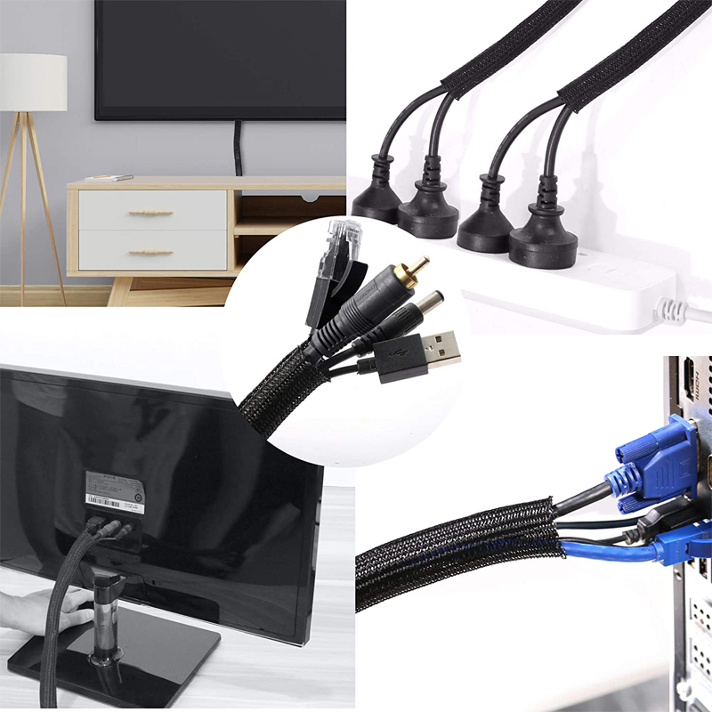 3m/9.85ft PET Expandable Braided Sleeving Flexible Wire Mesh Sleeve Black For TV Audio PC Cords Protect From Pets Chewing. 