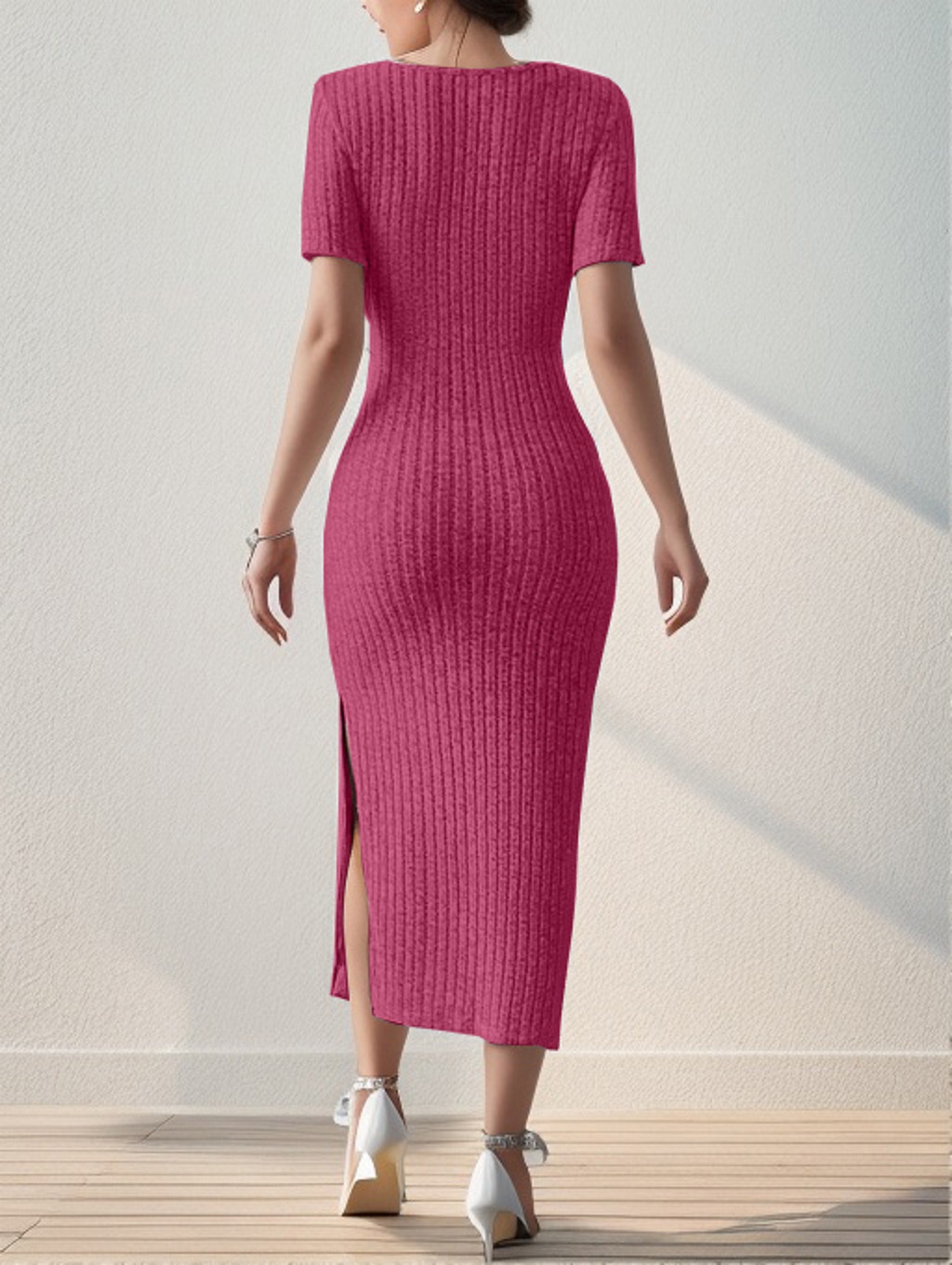 Summer Square Neck, Hip-Hugging Mid-Length Skirt, Short-Sleeved, Versatile Knitted Slit Dress. 