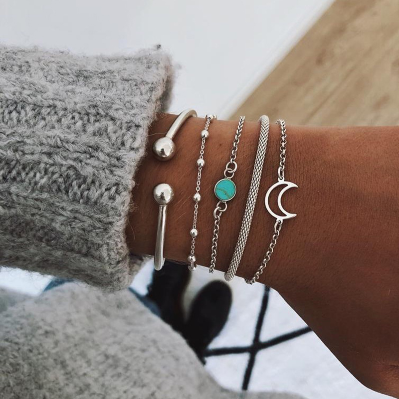 Trendy Geometric Link Chain Bracelet Set For Women Rhinestones Gold Color Leaves Heart Pendant Open Cuff Bangle Girls Jewelry. 