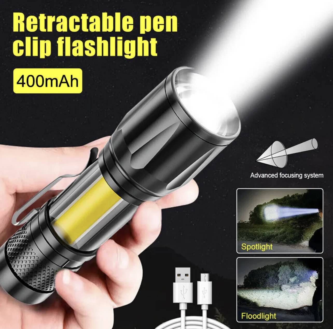 LED Flashlight Mini COB Reader Lamp Zoomable Pocket Penlight Adjustable Focus Torch Light USB Rechargeable Lamp with 3 Light Modes for Camping Hiking