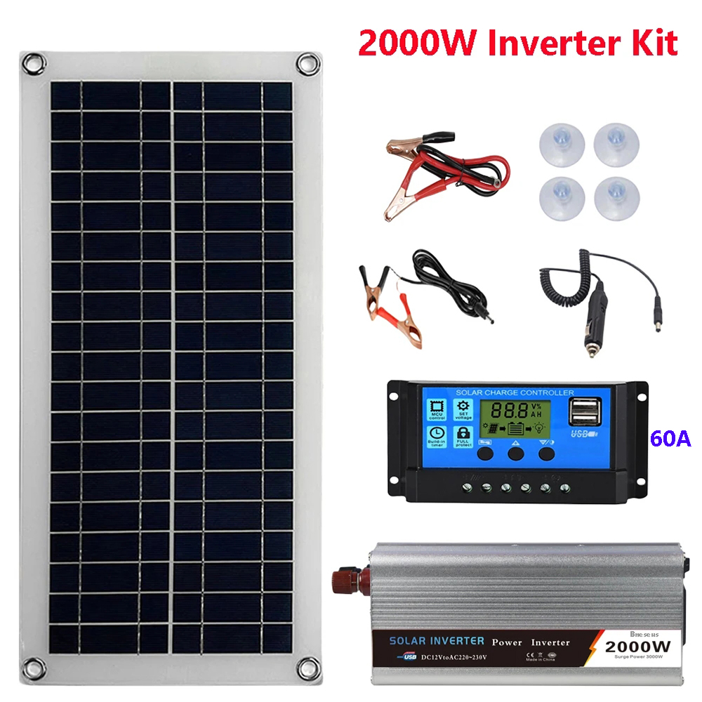 2000W Solar Power System Solar Panel Kit 12V Solar Battery 10A-60A ...