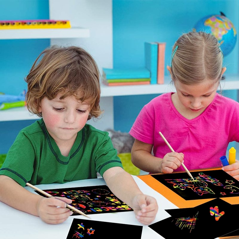 Scratch Paper Art Set Rainbow Card Scratch Black Scratch It Off Paper Crafts Notes with Wooden Stylus Stencils for Kid DIY Gift. 