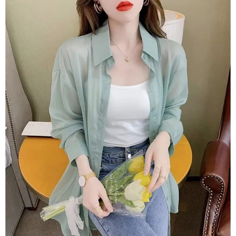 Summer Women Thin Shirts Loose Chiffon Long Sleeve Sun Protection Shirt Solid Korean Beach Holiday Ladies Tops