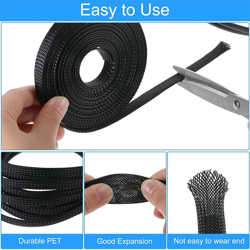 3m/9.85ft PET Expandable Braided Sleeving Flexible Wire Mesh Sleeve Black For TV Audio PC Cords Protect From Pets Chewing. 