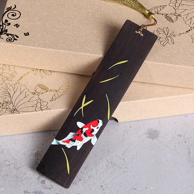 Chinese Style Retro Painted Koi Carp Wooden Bookmark Tassel Pendant Creative Book Mark Students Supplies Stationery Accessories. 
