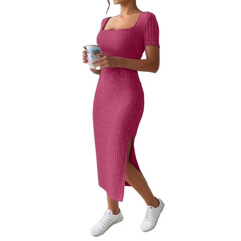 Summer Square Neck, Hip-Hugging Mid-Length Skirt, Short-Sleeved, Versatile Knitted Slit Dress. 