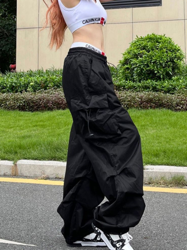 Y2K Parachute Black Pants Women Hippie Streetwear Oversize Pockets Cargo Trousers Harajuku Wide Leg Baggy Sweatpants. 