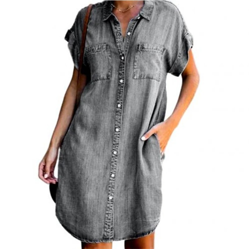 Women Denim Shirt Dresses Short Sleeve Distressed Jean Dress Button Down Casual Tunic Top. 