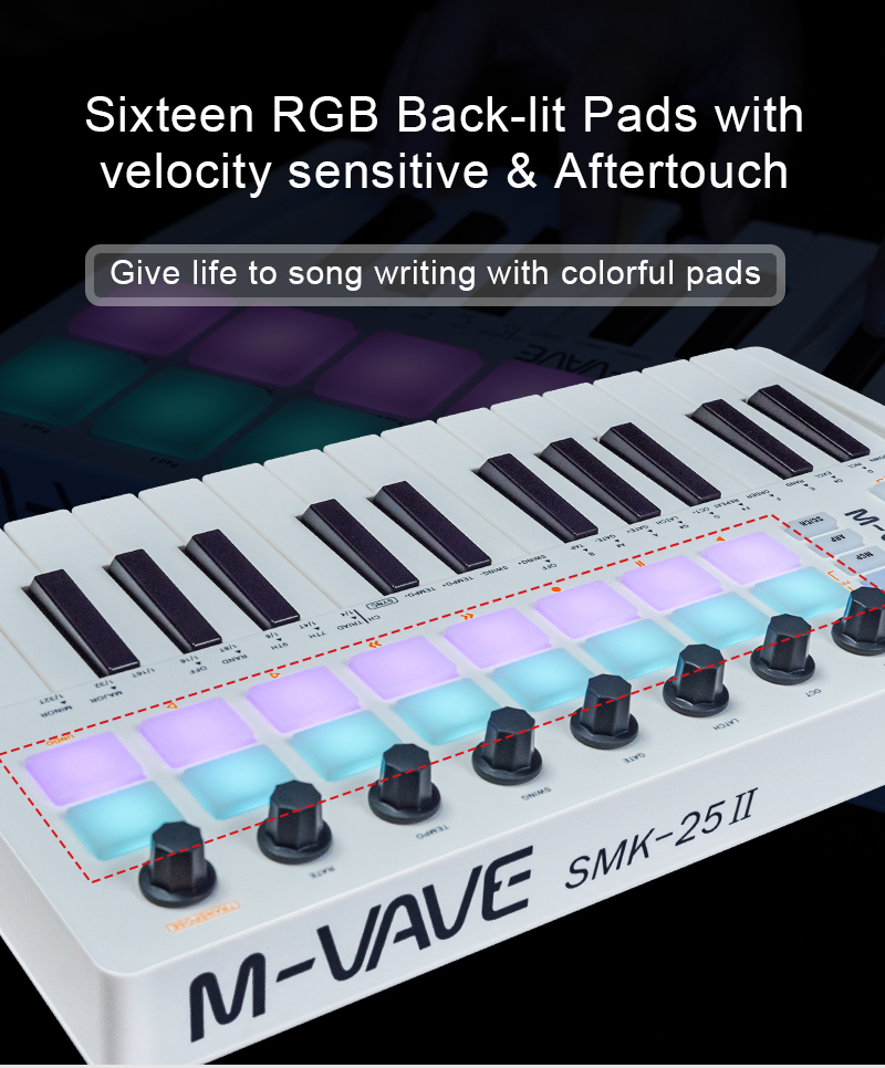 M-VAVE SMK-25 II MIDI Pad Controller Keyboard USB Mini 25 Key,16 RGB Drum Pads,8 Knobs and Music Production,Software Included. 