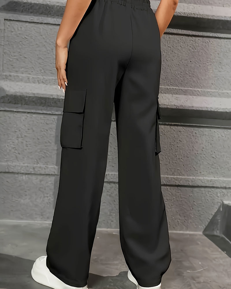 Elastic Waist Fashionable Workwear Pants High Waist Wide Leg Pants Loose Solid Color Casual Sports Pants WOMEN'S Sportswear. 