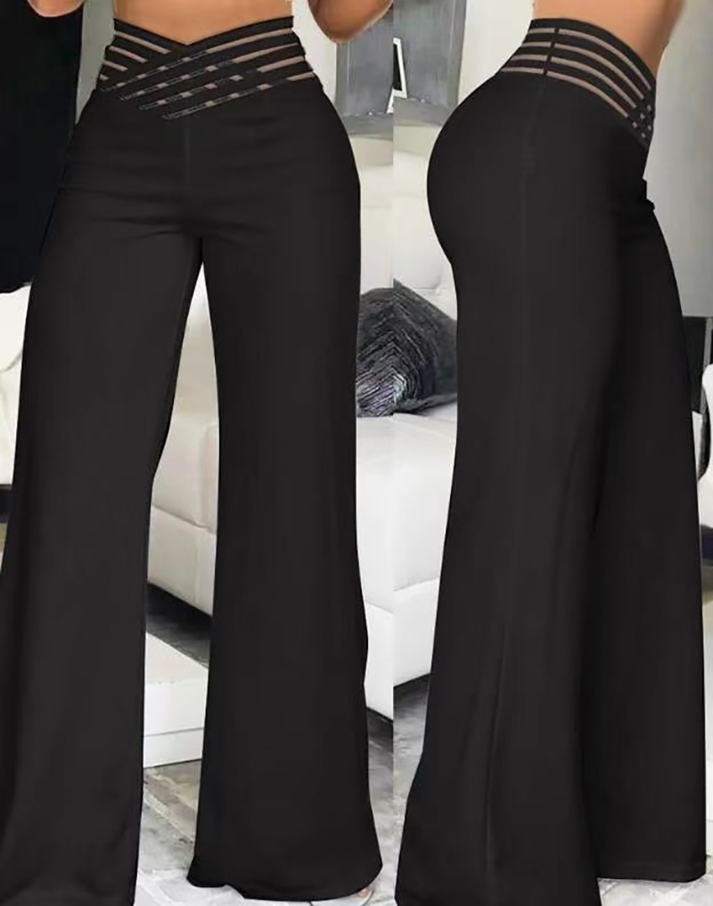 Women Flared Pants Elegant Office Lady Casual High Waist Trousers Spring Summer Solid Crisscross Sheer Mesh Patch Wide Leg Pant. 
