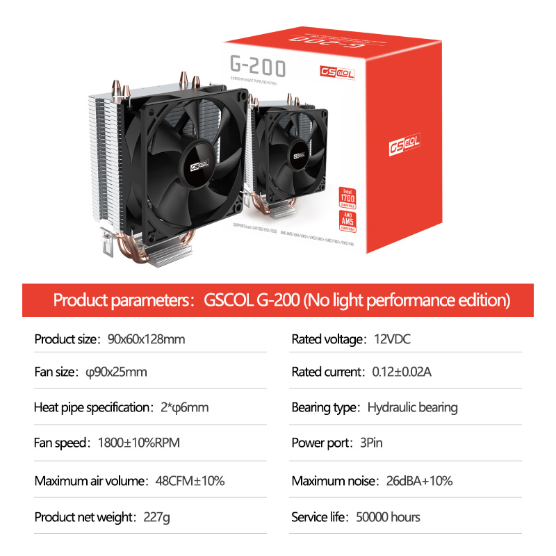 GSCOOL G-200 2heat pipe Air-cooled Radiator 90mm fan CPU Cooler For LGA115x 1700 1200 AMD AM5 AM4. 