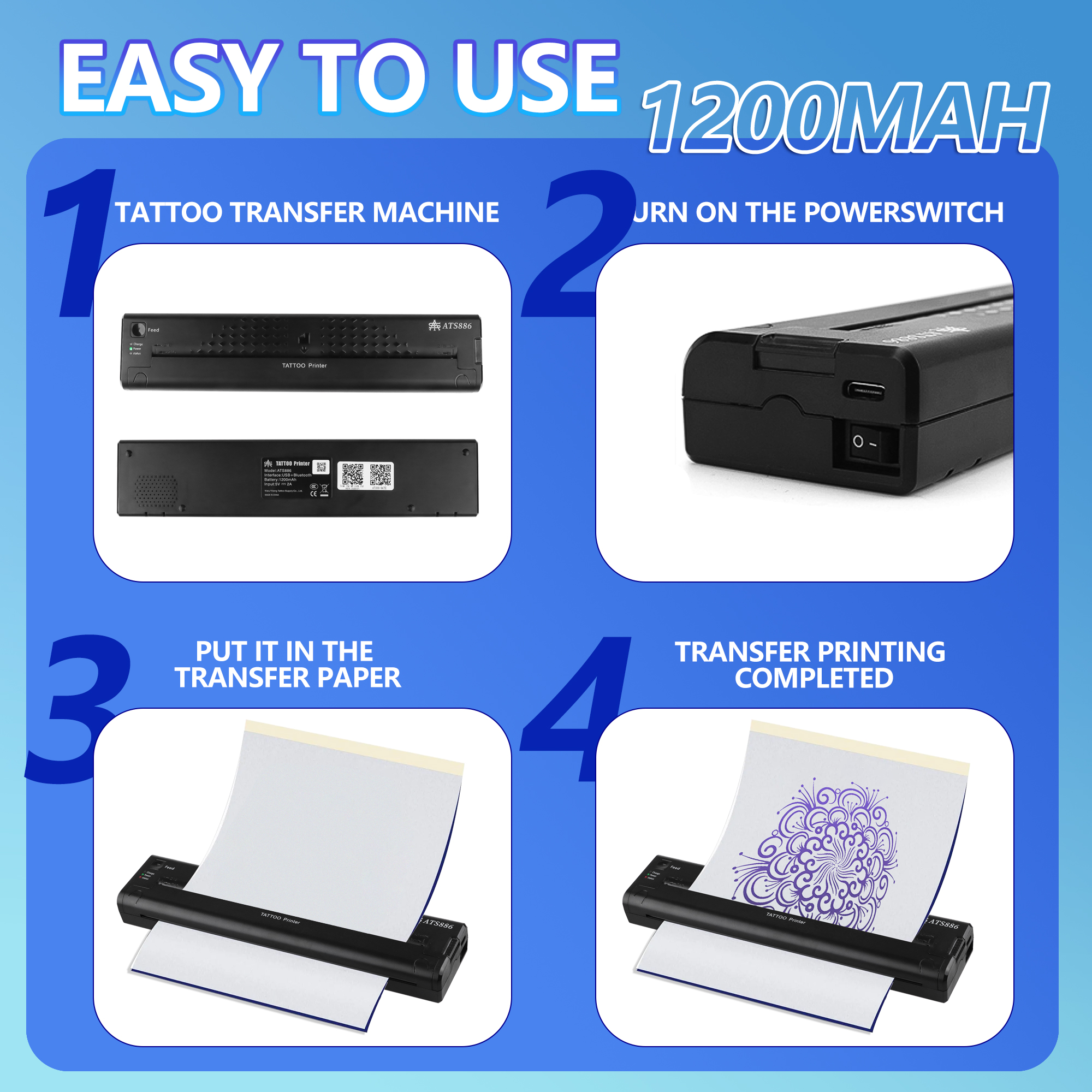 ATS886 Professional Portable Tattoo Transfer Printer Machine Kit Wireless Network Thermal Stencil Line Drawing Printing Copier. 