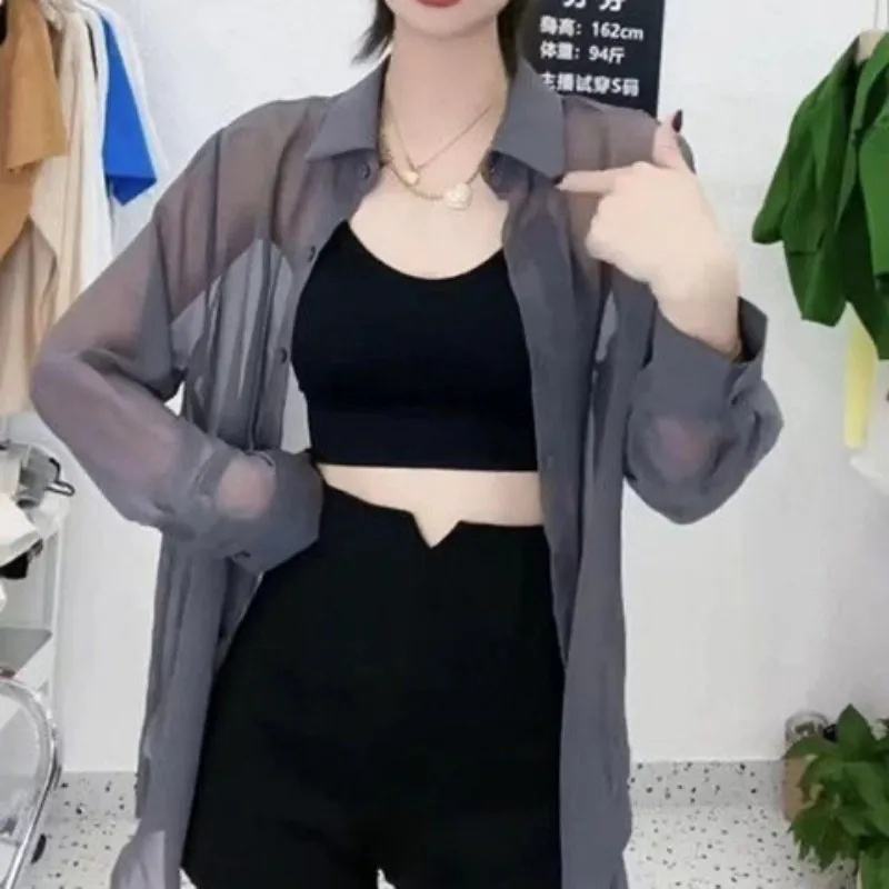 Summer Women Thin Shirts Loose Chiffon Long Sleeve Sun Protection Shirt Solid Korean Beach Holiday Ladies Tops. 