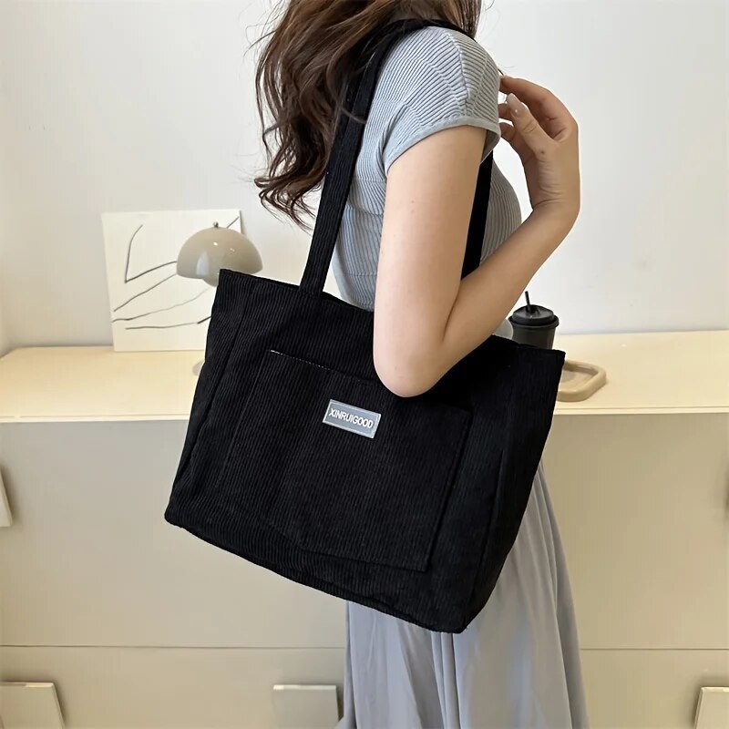 Large Capacity Shoulder Bag Trendy Corduroy Tote Bag Solid Color Ladies Handbag With Front Pocket. 