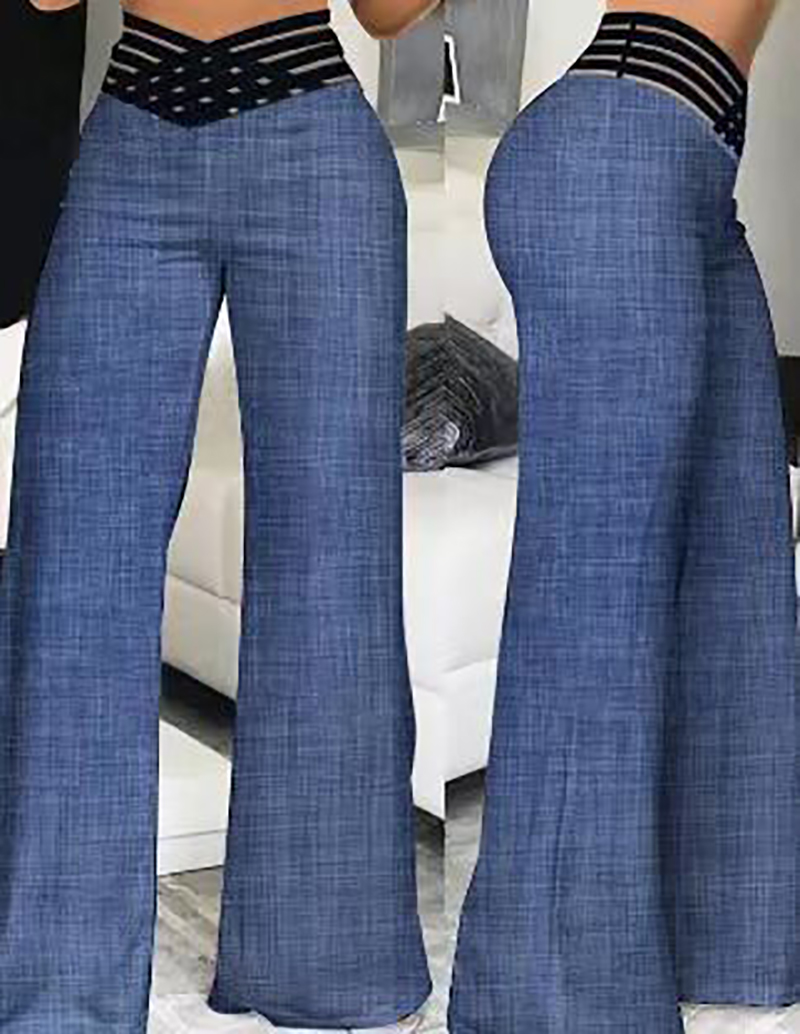 Women Flared Pants Elegant Office Lady Casual High Waist Trousers Spring Summer Solid Crisscross Sheer Mesh Patch Wide Leg Pant. 