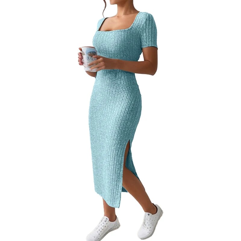Summer Square Neck, Hip-Hugging Mid-Length Skirt, Short-Sleeved, Versatile Knitted Slit Dress. 