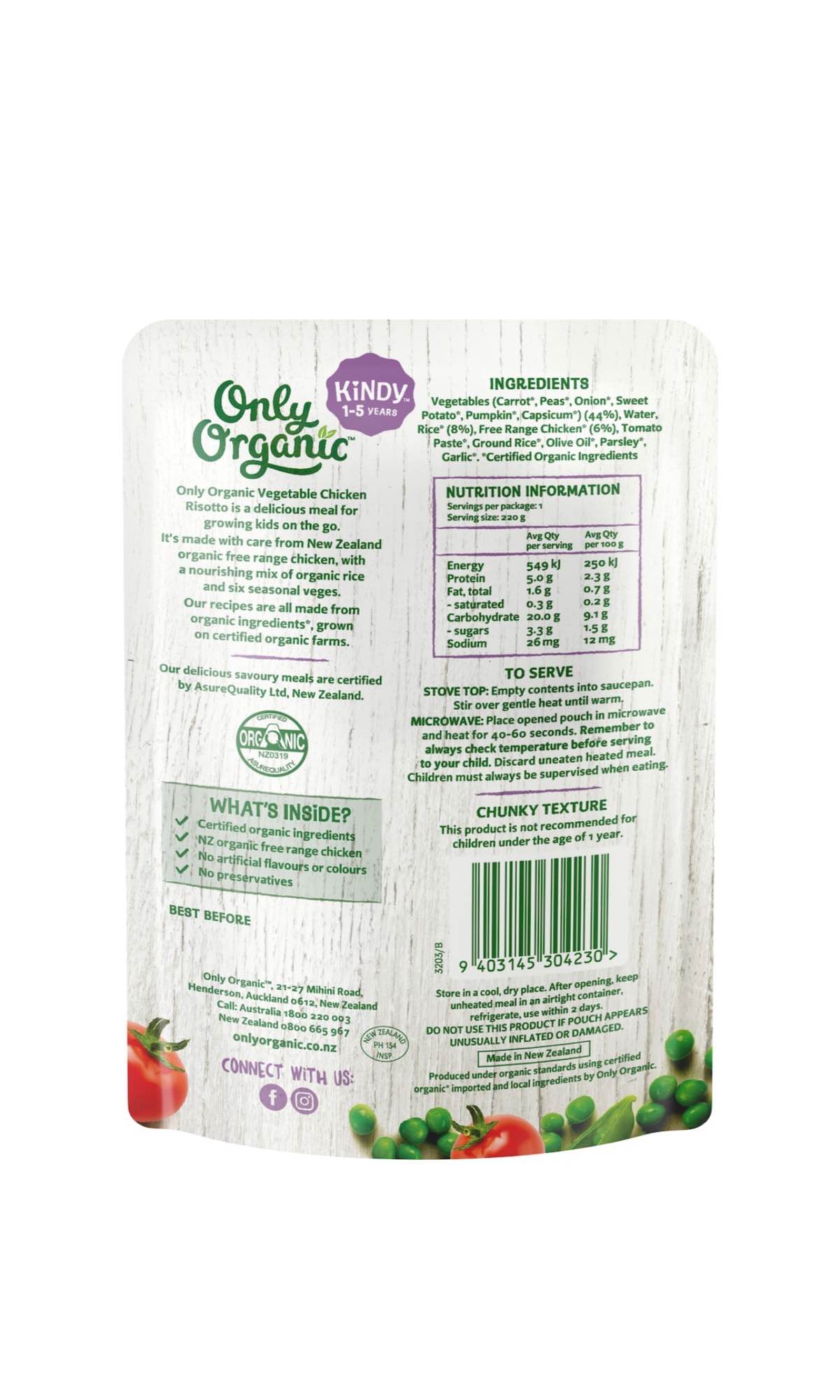 Only organic, Vegetable chicken Risotto, 220g (1-5 Years ). 