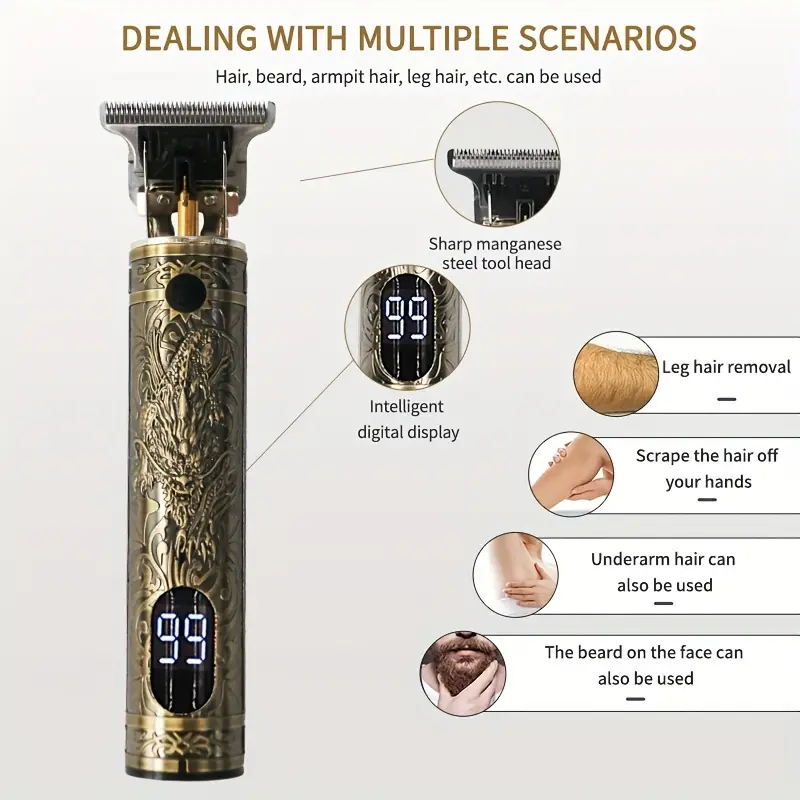 T-Blade Hair Clipper for Barbers - USB Rechargeable, Cordless Design, Precision Beard and Hair Trimming, Professional Engraving. 