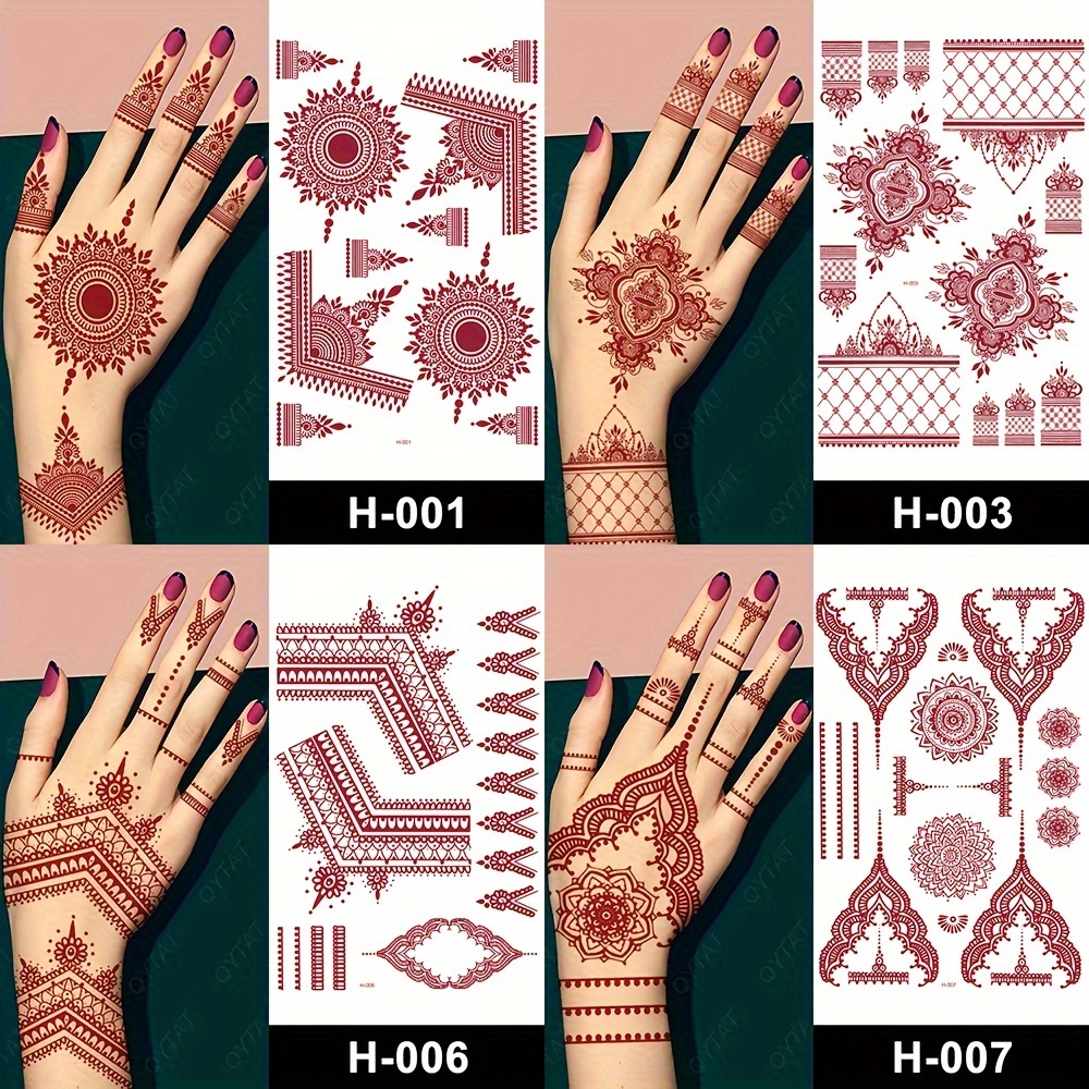 Red Lace Henna Tattoo Sexy Maroon Tattoo Stickers Waterproof India Mehndi Design Temporary Tattoos Finger Hand Tattoo For Women. 