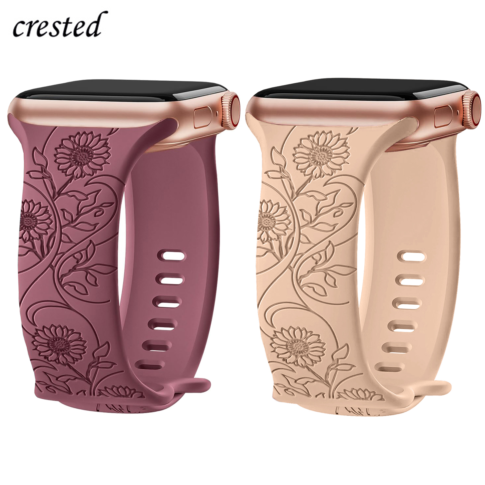 Floral Engraved Strap For Apple Watch Band 40mm 44mm 41mm 49mm 45mm 38mm 42mm silicone bracelet iwatch series 9 7 se 6 8 ultra 2. 