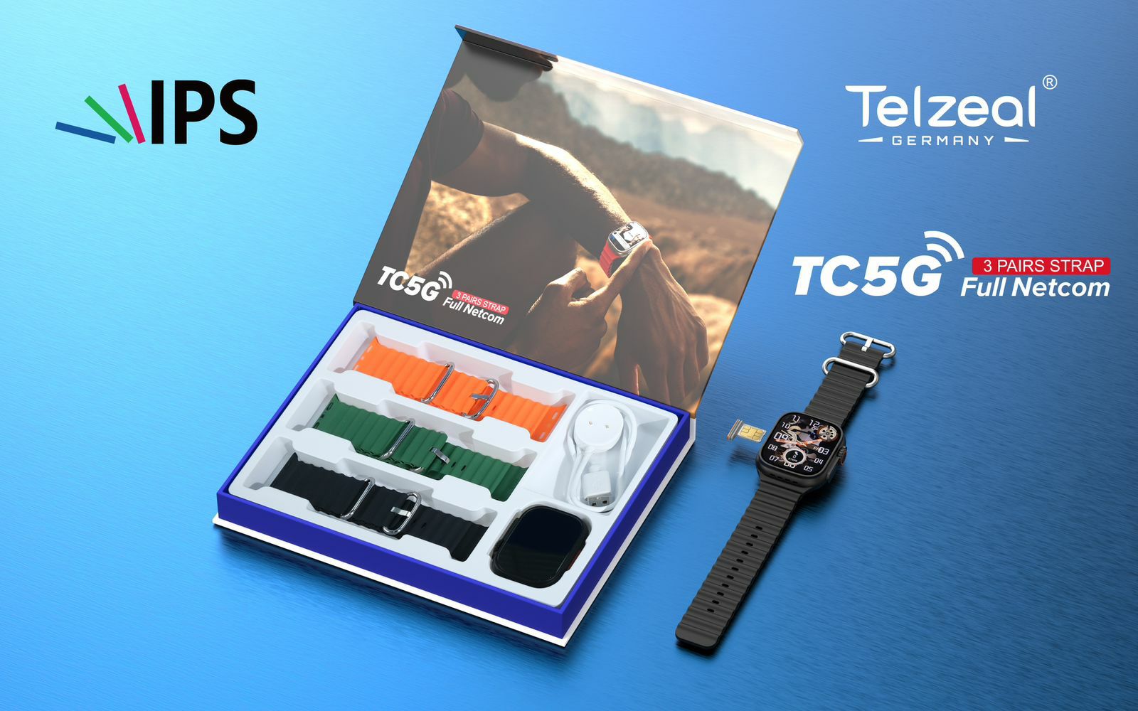 Telzeal TC5G Sim Android Smart Watch with 3 Straps. 