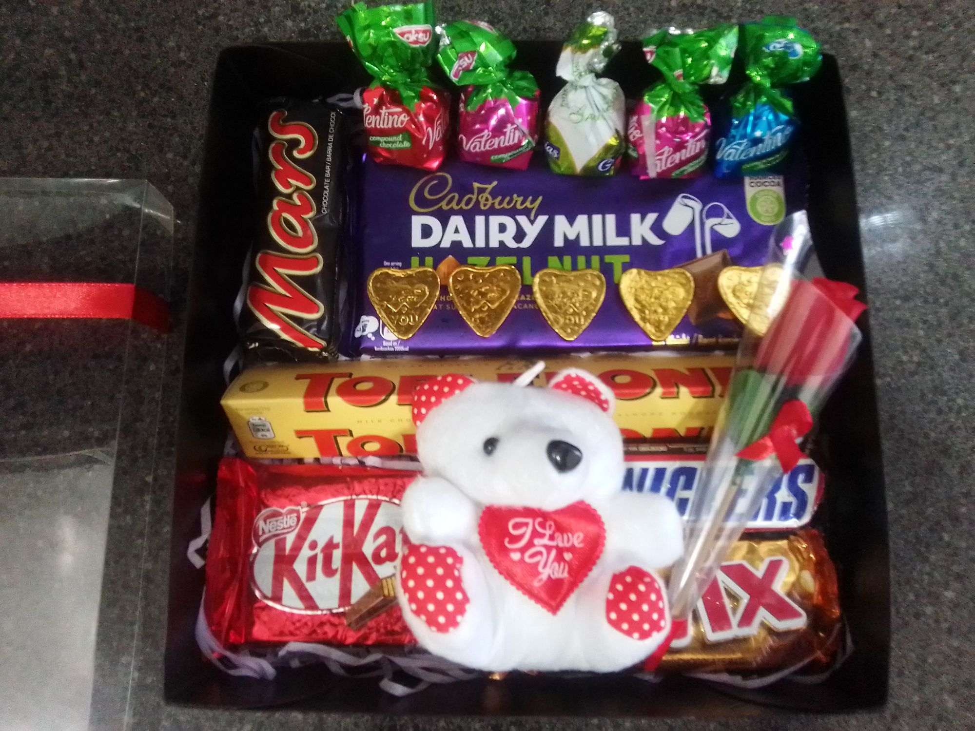 Chocolate Uncommon Gift Box with Mini Teddy Bear & Rose, High QualityChocolates. 