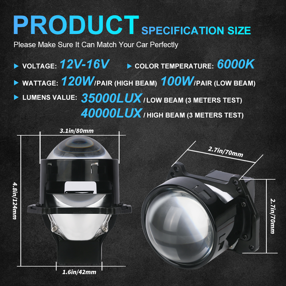 NLpear 2PCS 3 Inch Bi LED Projector Headlights Lenses for Hella LED Lights Projector 120W 40000LM Diode Headlamp Car Accessories. 